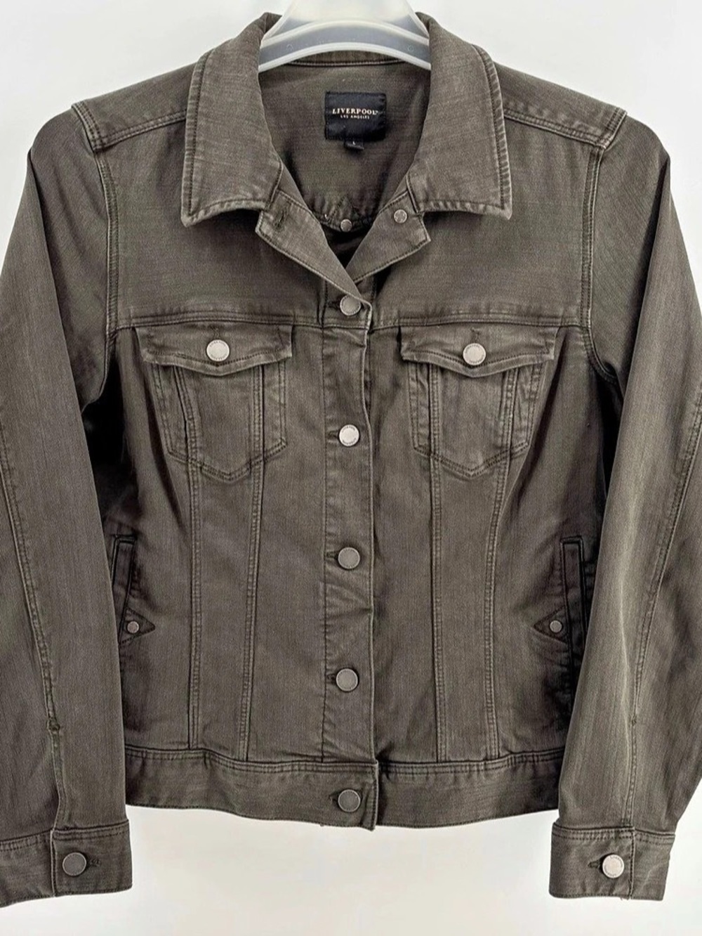Liverpool Los Angeles Denim Jacket Womens Large Olive Green Button Front Trucker